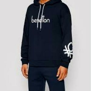 Sz L VINTAGE 1996 UNITED COLORS OF BENETTON DNA Navy Logo Hooded Sweatshirt